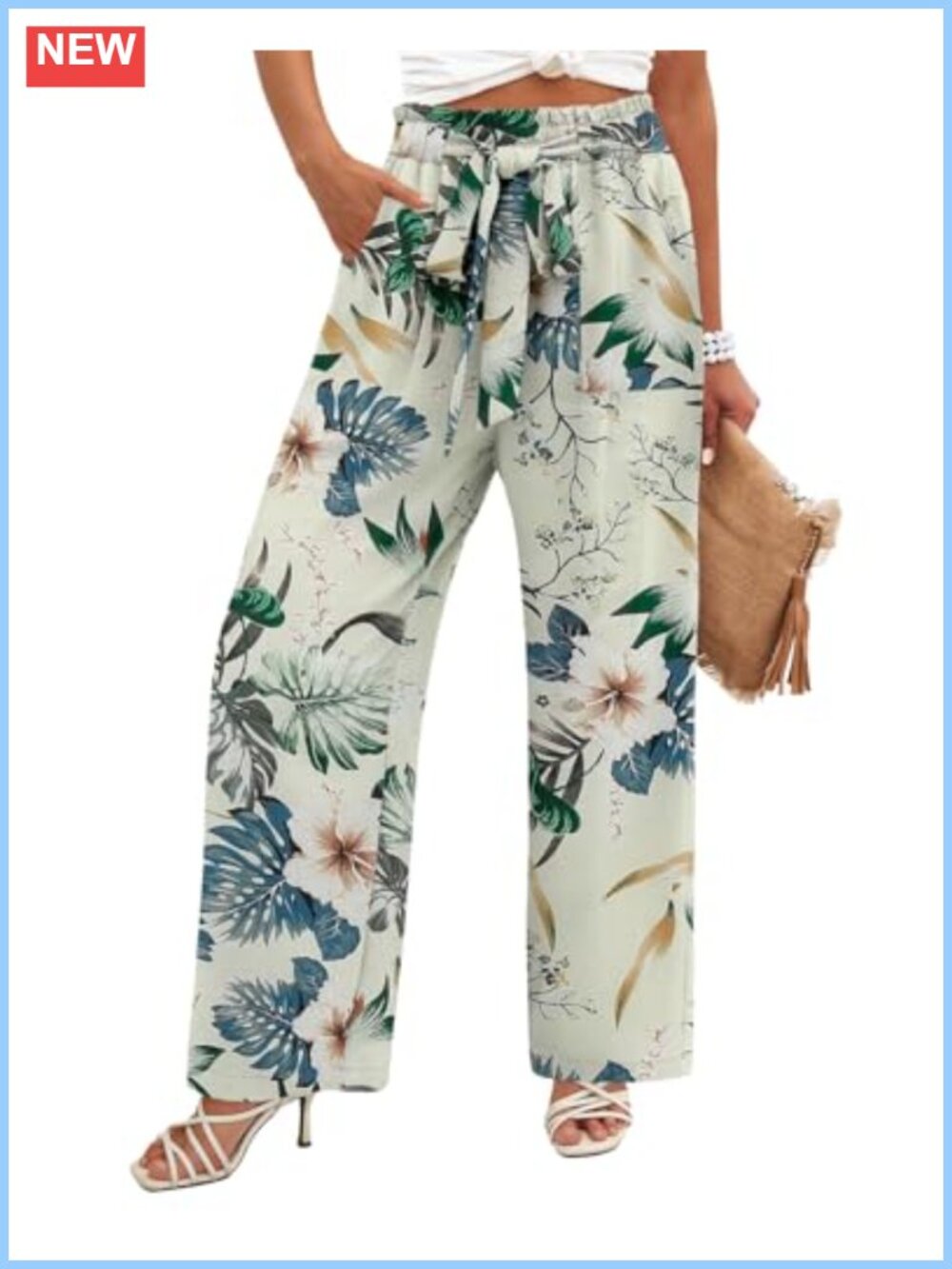 Women's High Waist Wide Leg Flowy Pants Elastic Waist Adjustable Knot Pockets